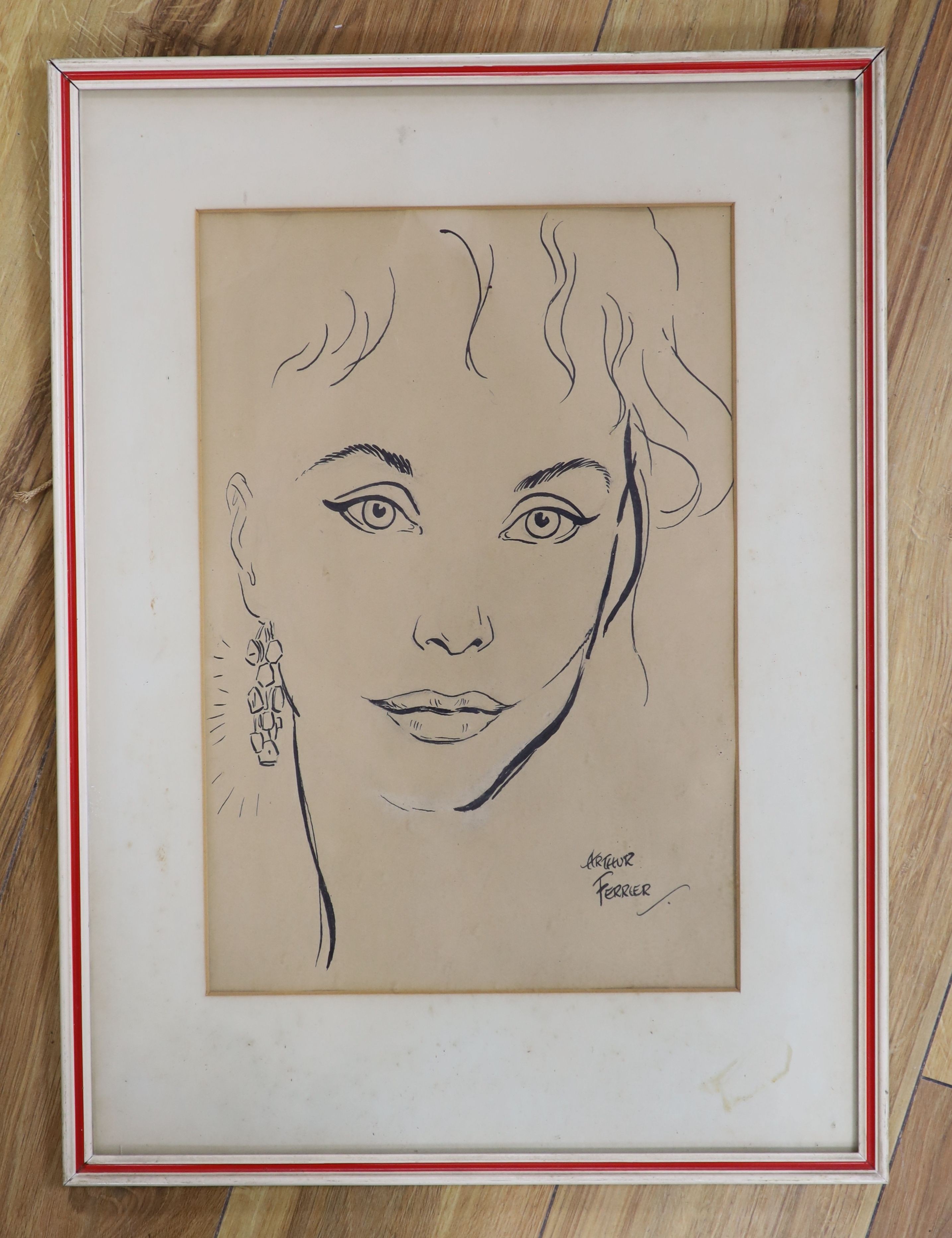 Arthur Ferrier, pen and ink, Study of a woman’s head with diamond earring, signed, 40 x 27 cm.